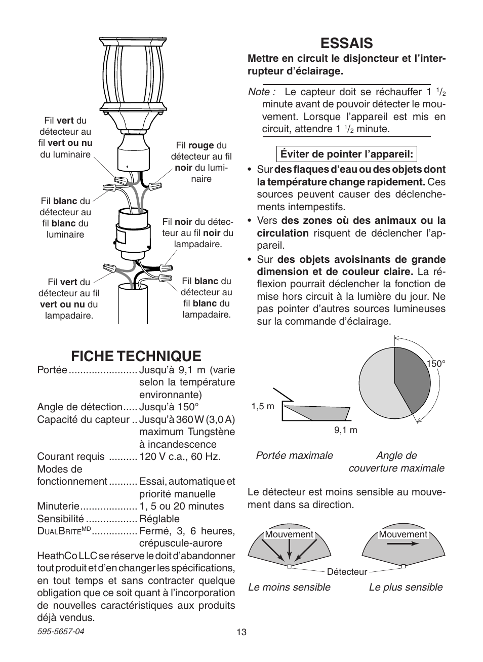 Fiche technique, Essais | Heath Zenith Motion Sensing Post Light Adapter SL-4100 User Manual | Page 13 / 16