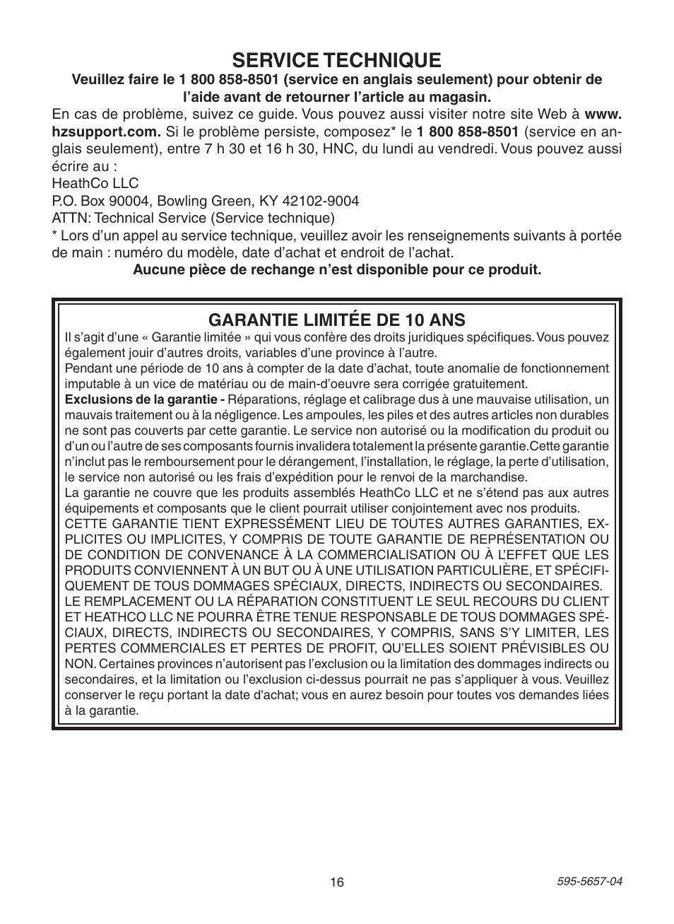 Service technique, Garantie limitée de 10 ans | Heath Zenith Motion Sensing Post Light Adapter SL-4100 User Manual | Page 16 / 16