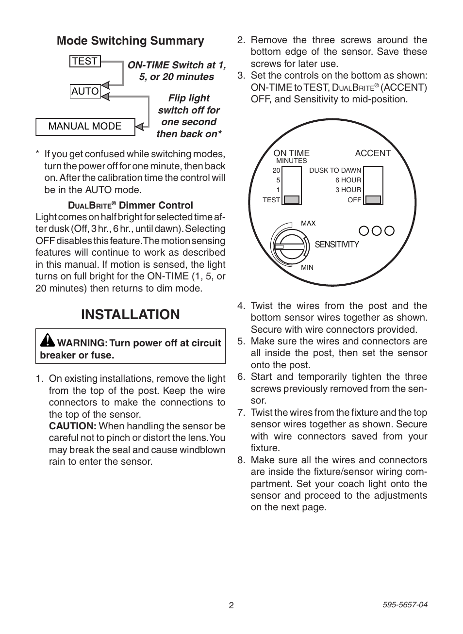 Installation, Mode switching summary | Heath Zenith Motion Sensing Post Light Adapter SL-4100 User Manual | Page 2 / 16