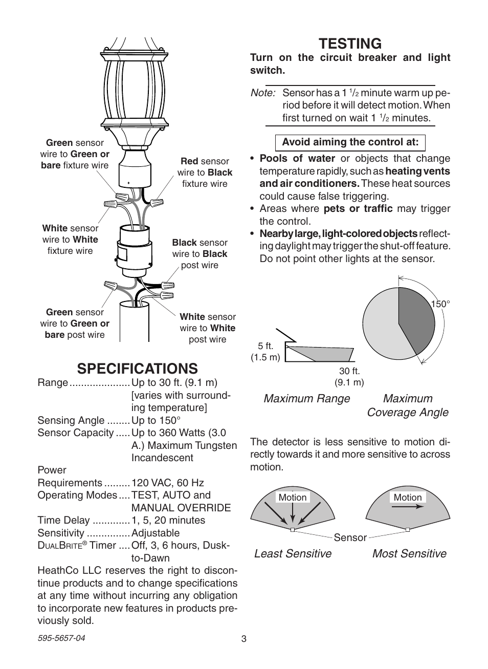 Specifications, Testing | Heath Zenith Motion Sensing Post Light Adapter SL-4100 User Manual | Page 3 / 16