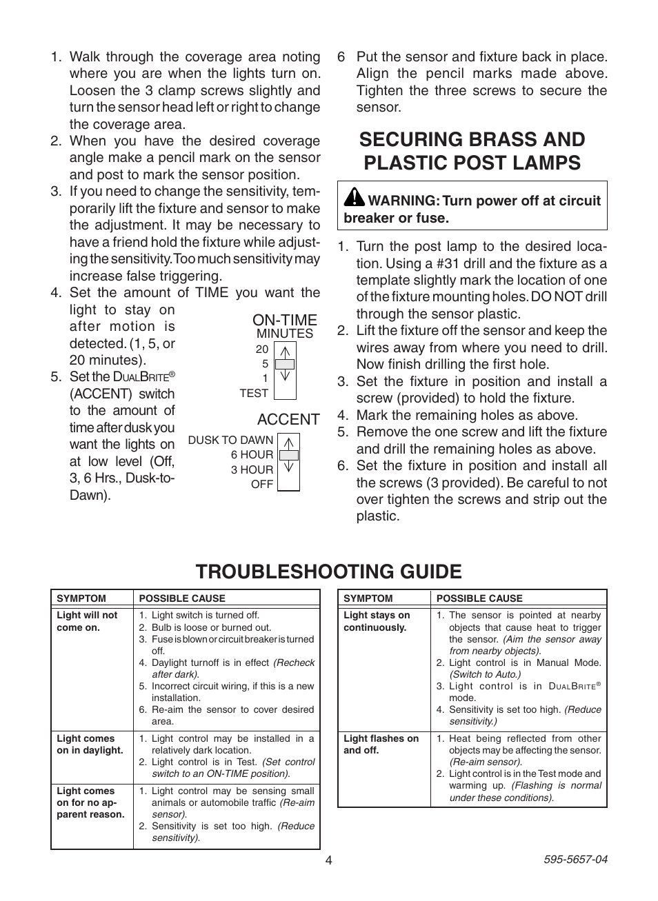 Securing brass and plastic post lamps, Troubleshooting guide, On-time | Accent | Heath Zenith Motion Sensing Post Light Adapter SL-4100 User Manual | Page 4 / 16