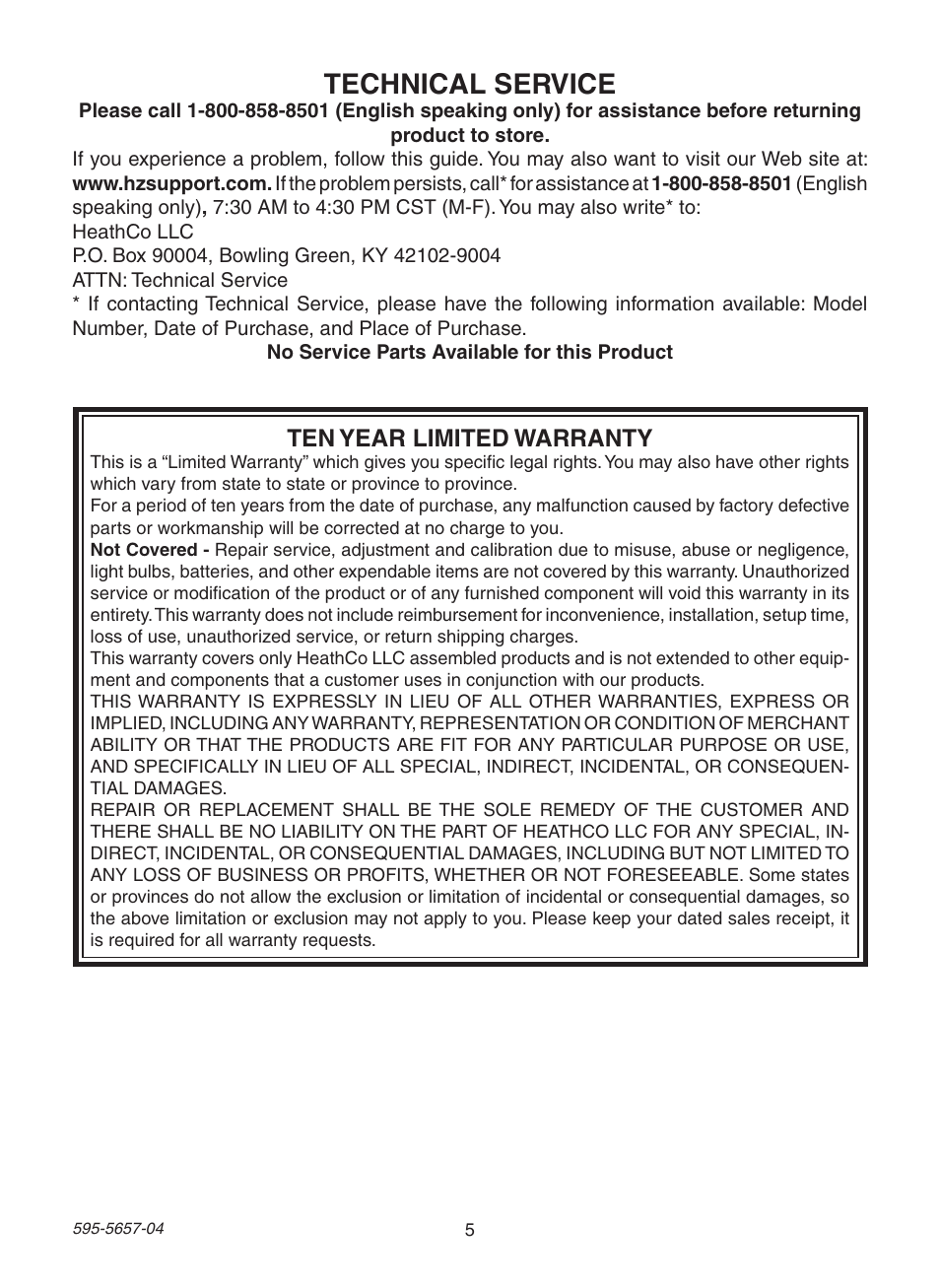 Technical service, Ten year limited warranty | Heath Zenith Motion Sensing Post Light Adapter SL-4100 User Manual | Page 5 / 16