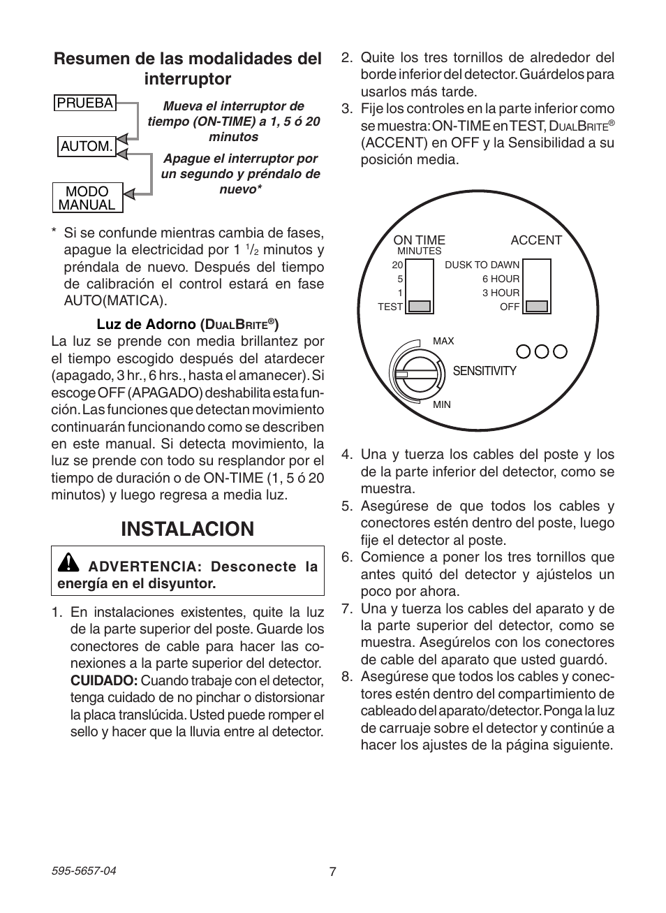 Instalacion, Resumen de las modalidades del interruptor | Heath Zenith Motion Sensing Post Light Adapter SL-4100 User Manual | Page 7 / 16