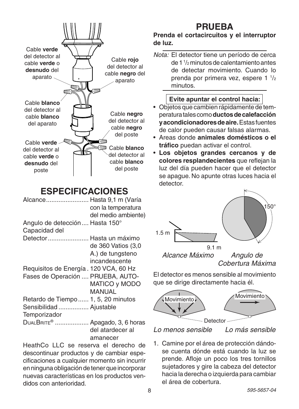 Especificaciones, Prueba | Heath Zenith Motion Sensing Post Light Adapter SL-4100 User Manual | Page 8 / 16