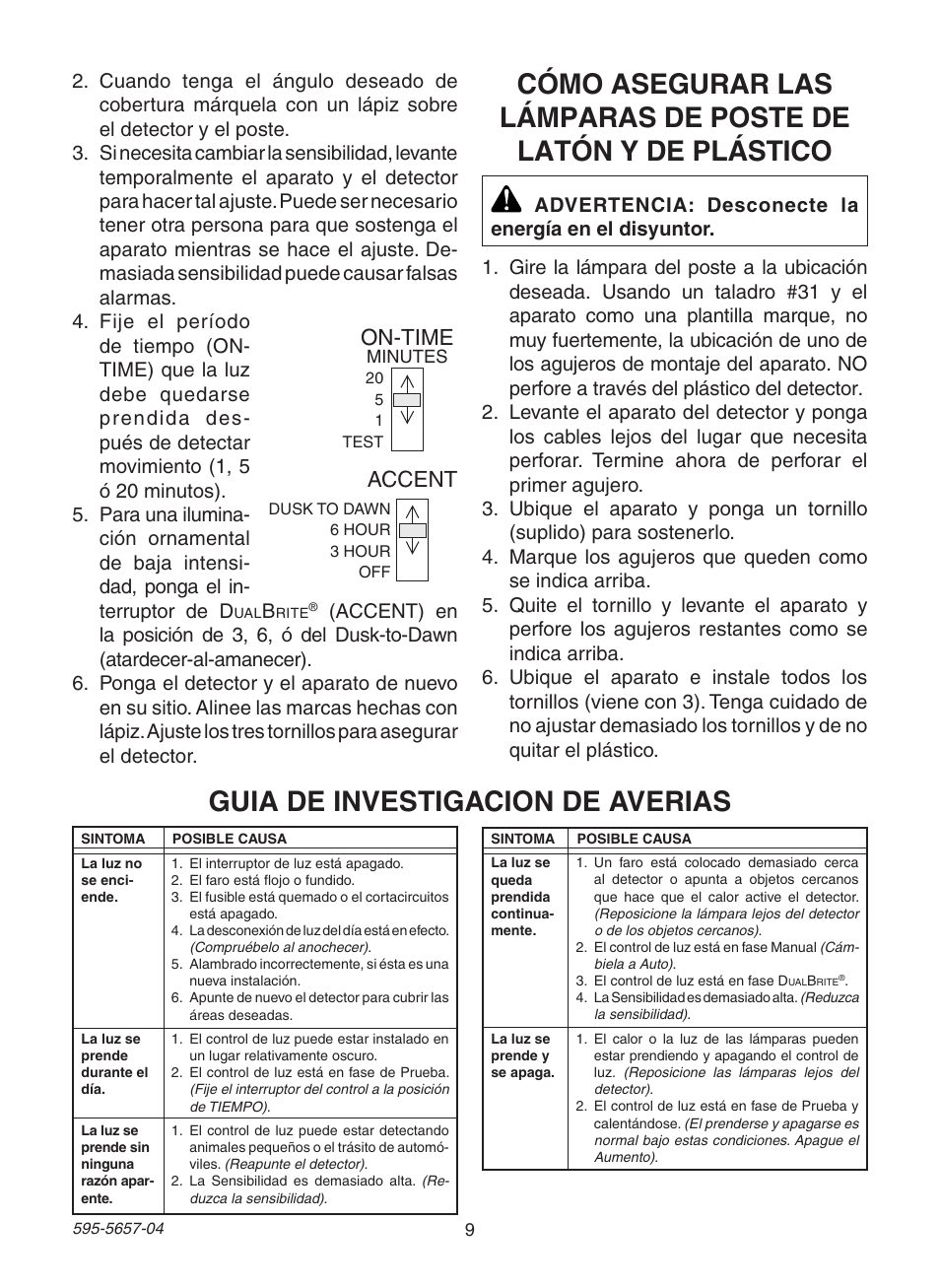 Guia de investigacion de averias, On-time, Accent | Heath Zenith Motion Sensing Post Light Adapter SL-4100 User Manual | Page 9 / 16
