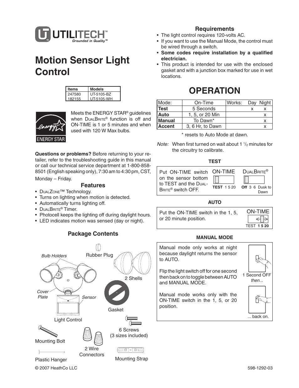 Heath Zenith Motion Sensor Light Control UT-5105-WH User Manual | 20 pages