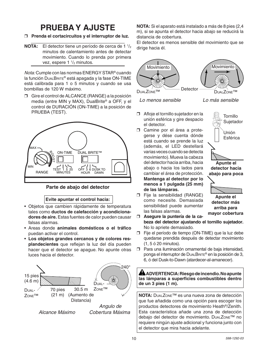 Prueba y ajuste | Heath Zenith Motion Sensor Light Control UT-5105-WH User Manual | Page 10 / 20