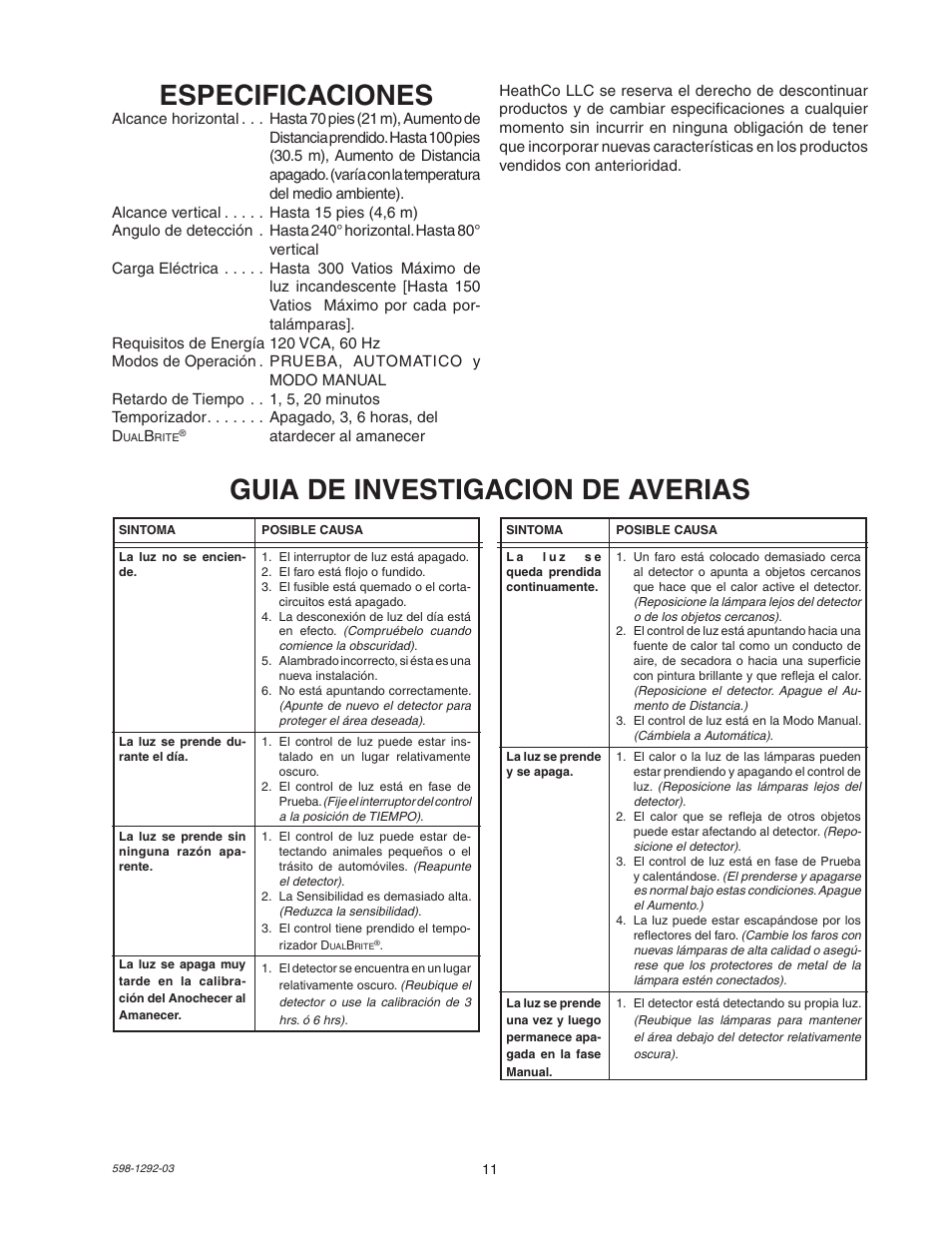Especificaciones, Guia de investigacion de averias | Heath Zenith Motion Sensor Light Control UT-5105-WH User Manual | Page 11 / 20