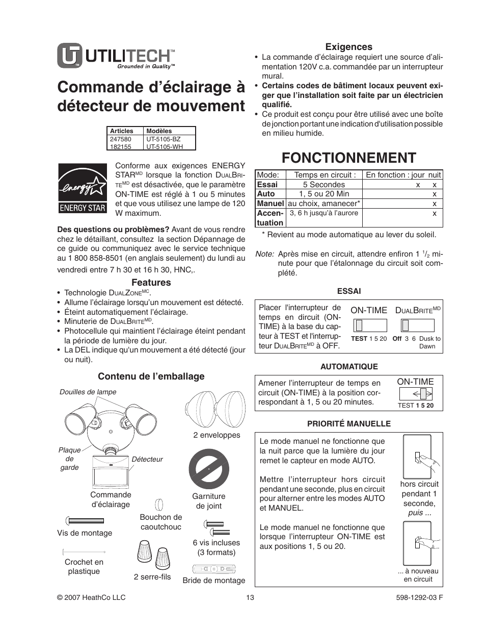 Commande d’éclairage à détecteur de mouvement, Fonctionnement, Features | Contenu de l’emballage, Exigences | Heath Zenith Motion Sensor Light Control UT-5105-WH User Manual | Page 13 / 20