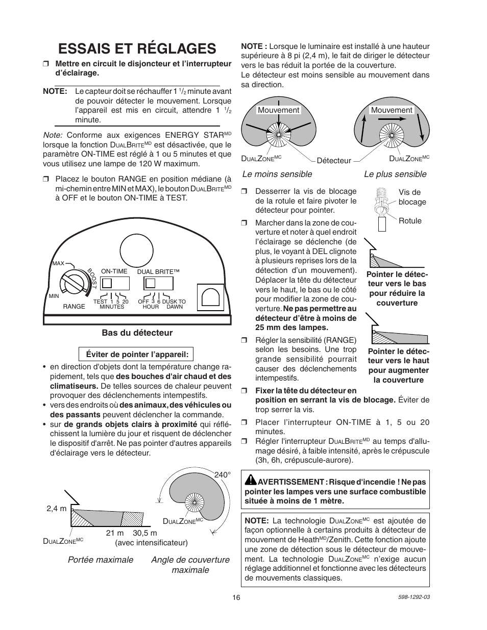 Essais et réglages, Portée maximale angle de couverture maximale, Bas du détecteur | Le moins sensible le plus sensible | Heath Zenith Motion Sensor Light Control UT-5105-WH User Manual | Page 16 / 20