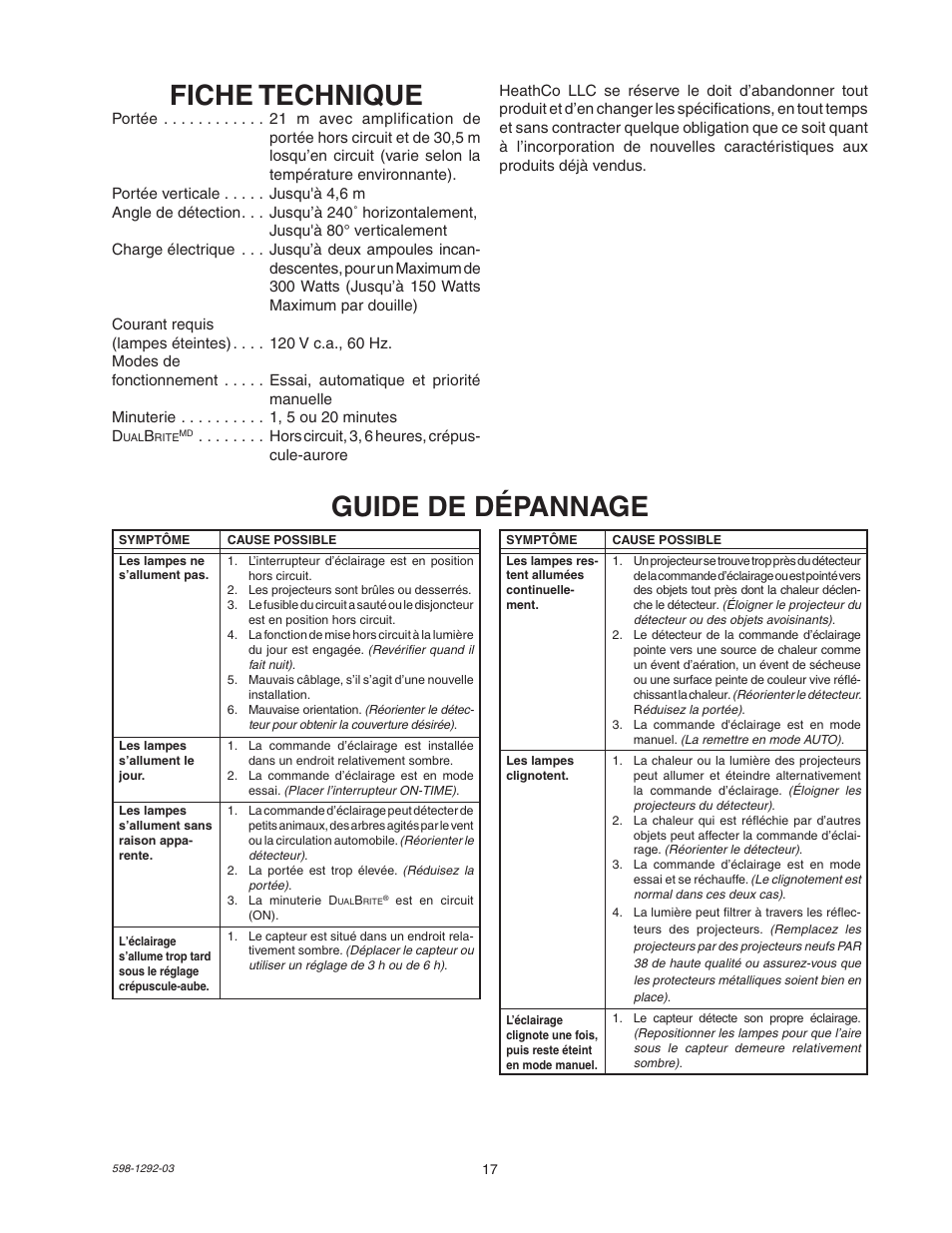 Fiche technique, Guide de dépannage | Heath Zenith Motion Sensor Light Control UT-5105-WH User Manual | Page 17 / 20