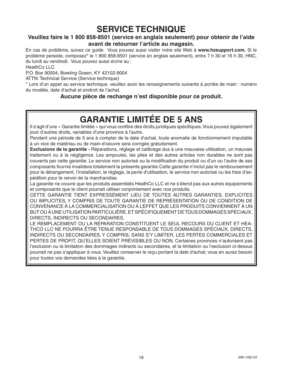Garantie limitée de 5 ans, Service technique | Heath Zenith Motion Sensor Light Control UT-5105-WH User Manual | Page 18 / 20