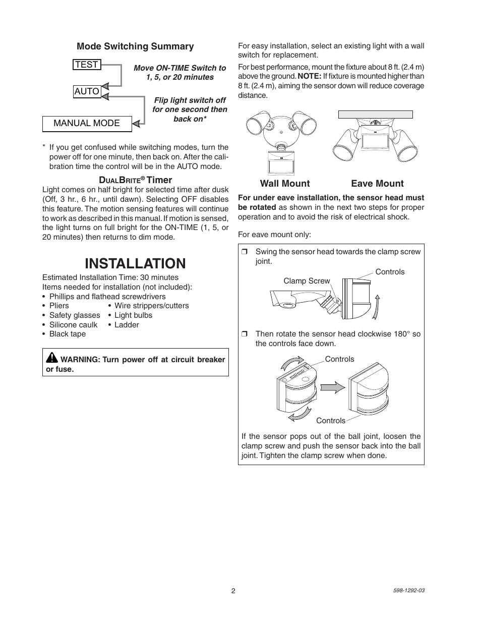 Installation | Heath Zenith Motion Sensor Light Control UT-5105-WH User Manual | Page 2 / 20