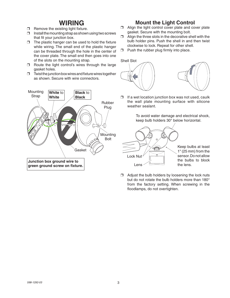 Wiring, Mount the light control | Heath Zenith Motion Sensor Light Control UT-5105-WH User Manual | Page 3 / 20
