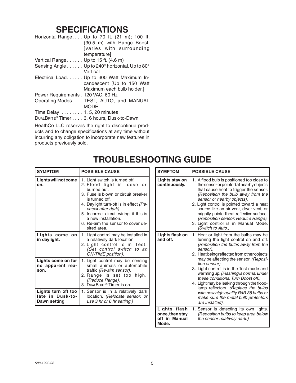Specifications, Troubleshooting guide | Heath Zenith Motion Sensor Light Control UT-5105-WH User Manual | Page 5 / 20