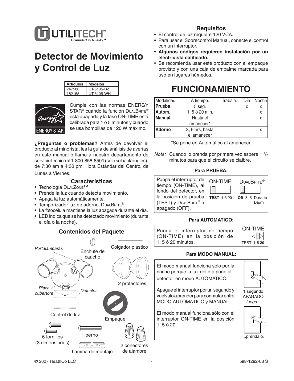 Heath Zenith Motion Sensor Light Control UT-5105-WH User Manual | Page 7 / 20