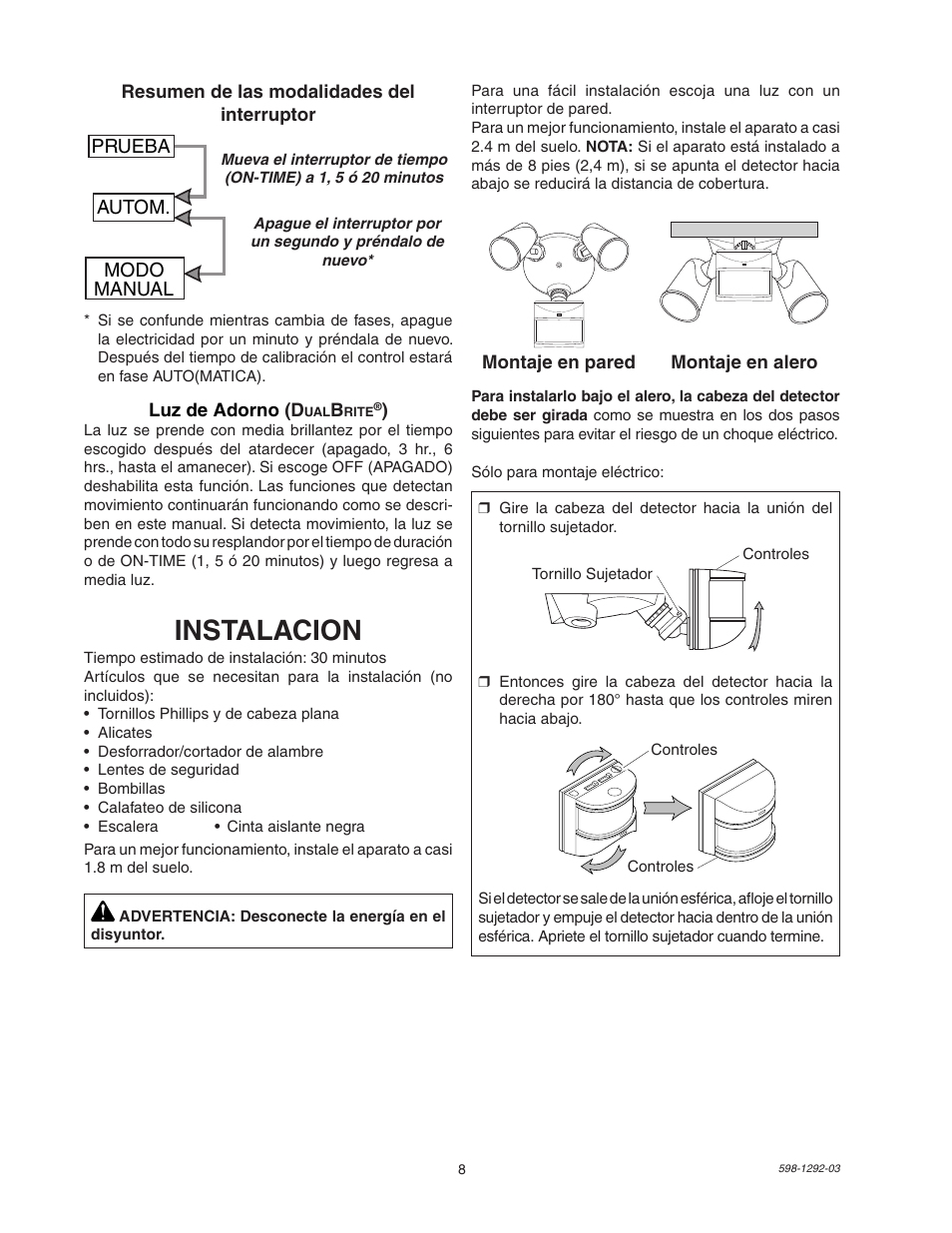 Instalacion | Heath Zenith Motion Sensor Light Control UT-5105-WH User Manual | Page 8 / 20