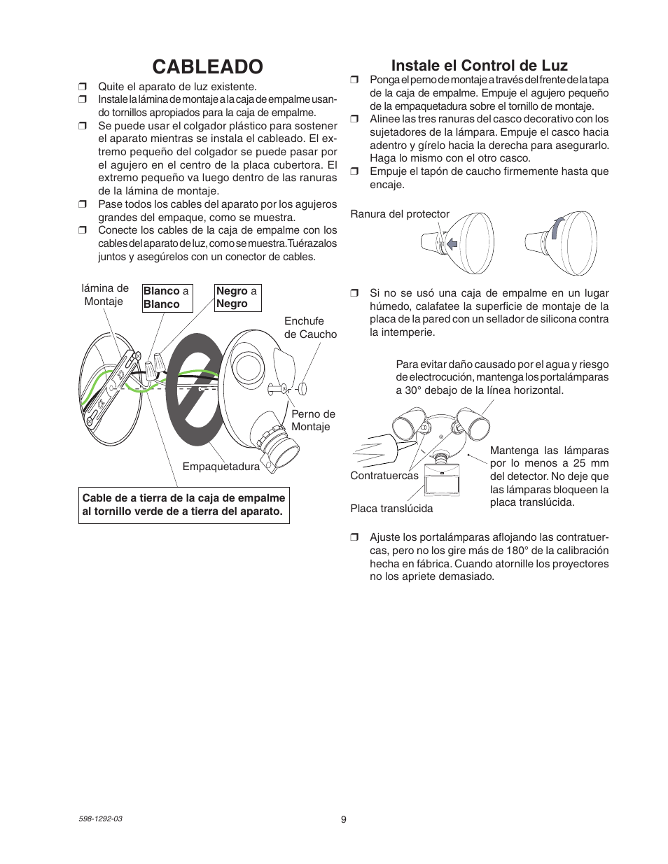 Cableado, Instale el control de luz | Heath Zenith Motion Sensor Light Control UT-5105-WH User Manual | Page 9 / 20