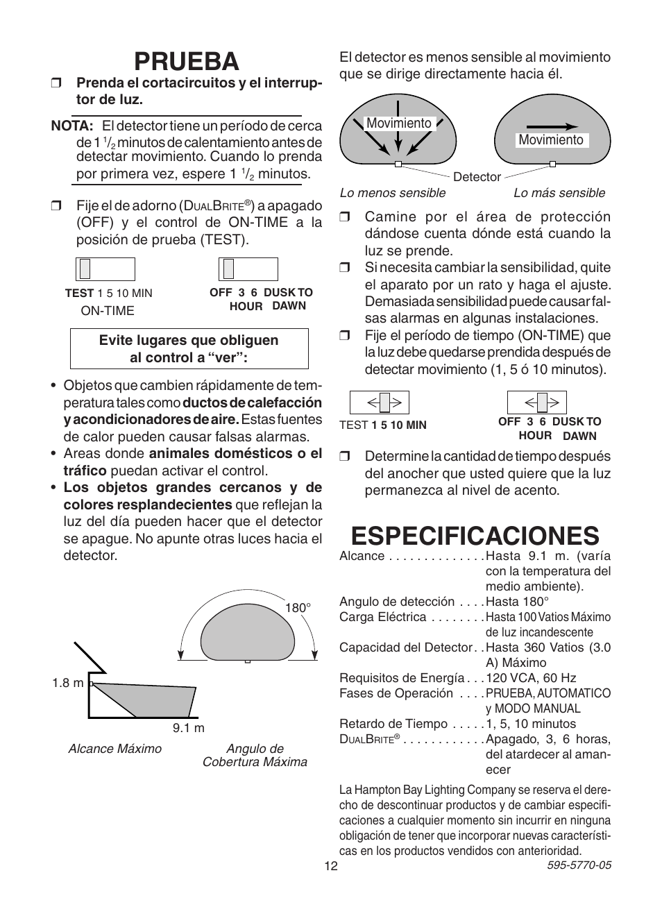 Prueba, Especificaciones | Heath Zenith Motion Sensing Diecast Lantern HB-4190 Series User Manual | Page 12 / 20