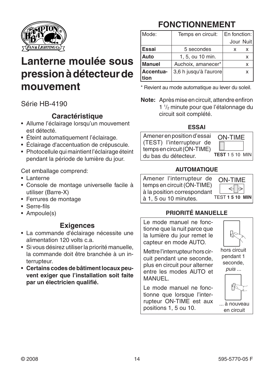Fonctionnement, Série hb-4190, Caractéristique | Exigences | Heath Zenith Motion Sensing Diecast Lantern HB-4190 Series User Manual | Page 14 / 20