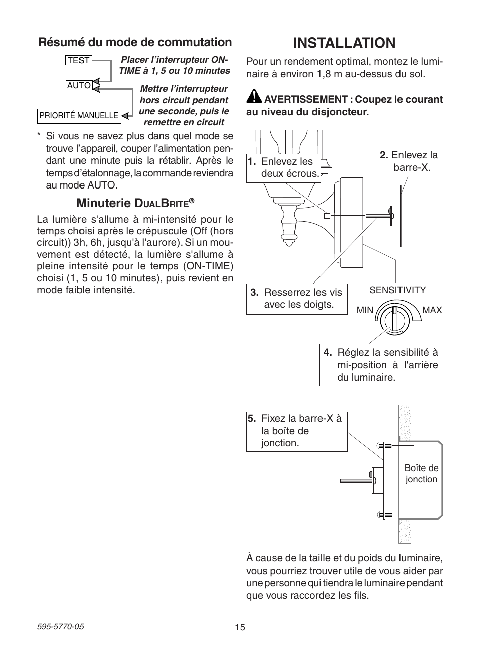 Installation, Minuterie d, Résumé du mode de commutation | Heath Zenith Motion Sensing Diecast Lantern HB-4190 Series User Manual | Page 15 / 20