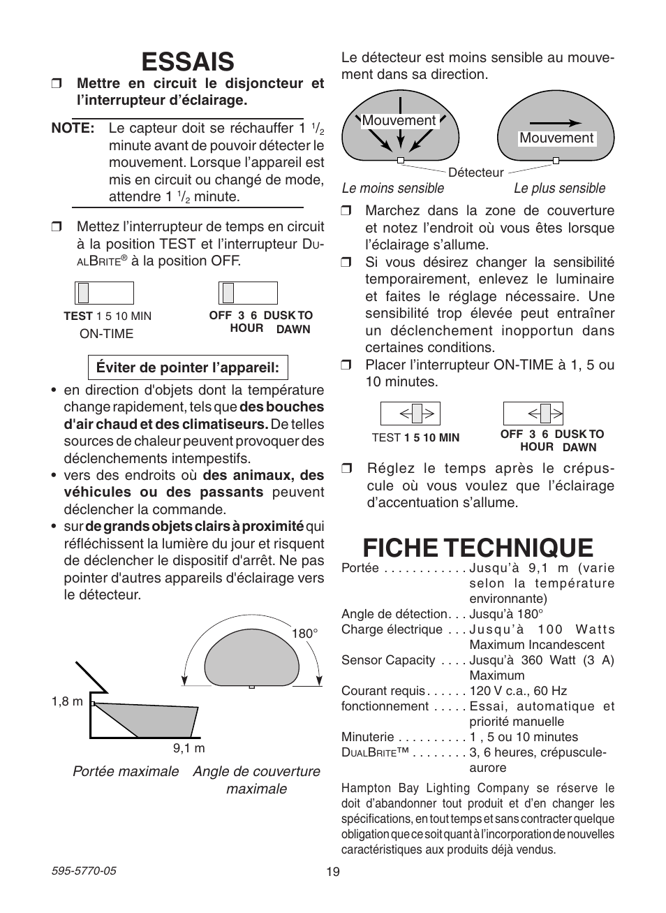 Essais, Fiche technique | Heath Zenith Motion Sensing Diecast Lantern HB-4190 Series User Manual | Page 19 / 20