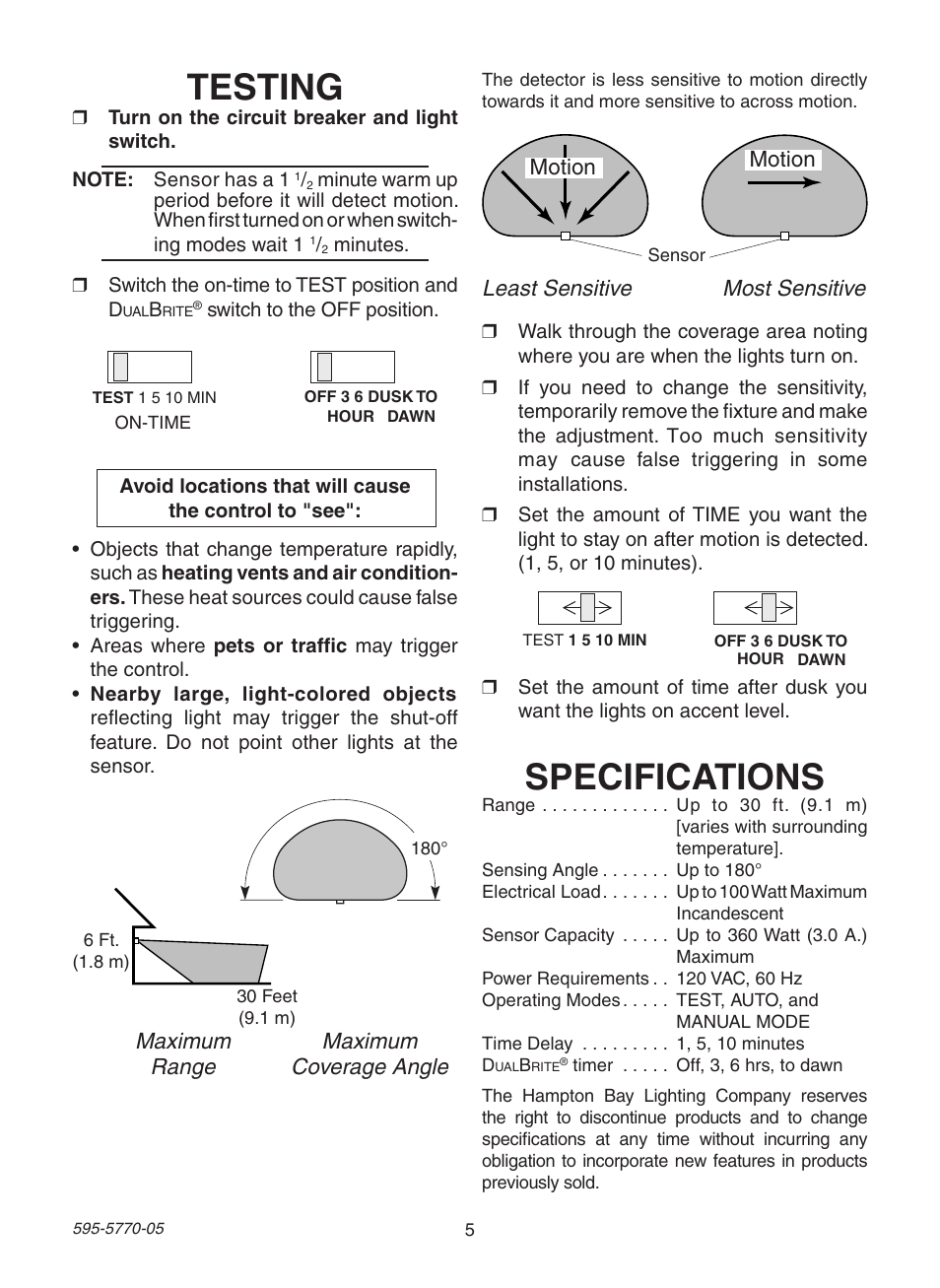 Testing, Specifications | Heath Zenith Motion Sensing Diecast Lantern HB-4190 Series User Manual | Page 5 / 20