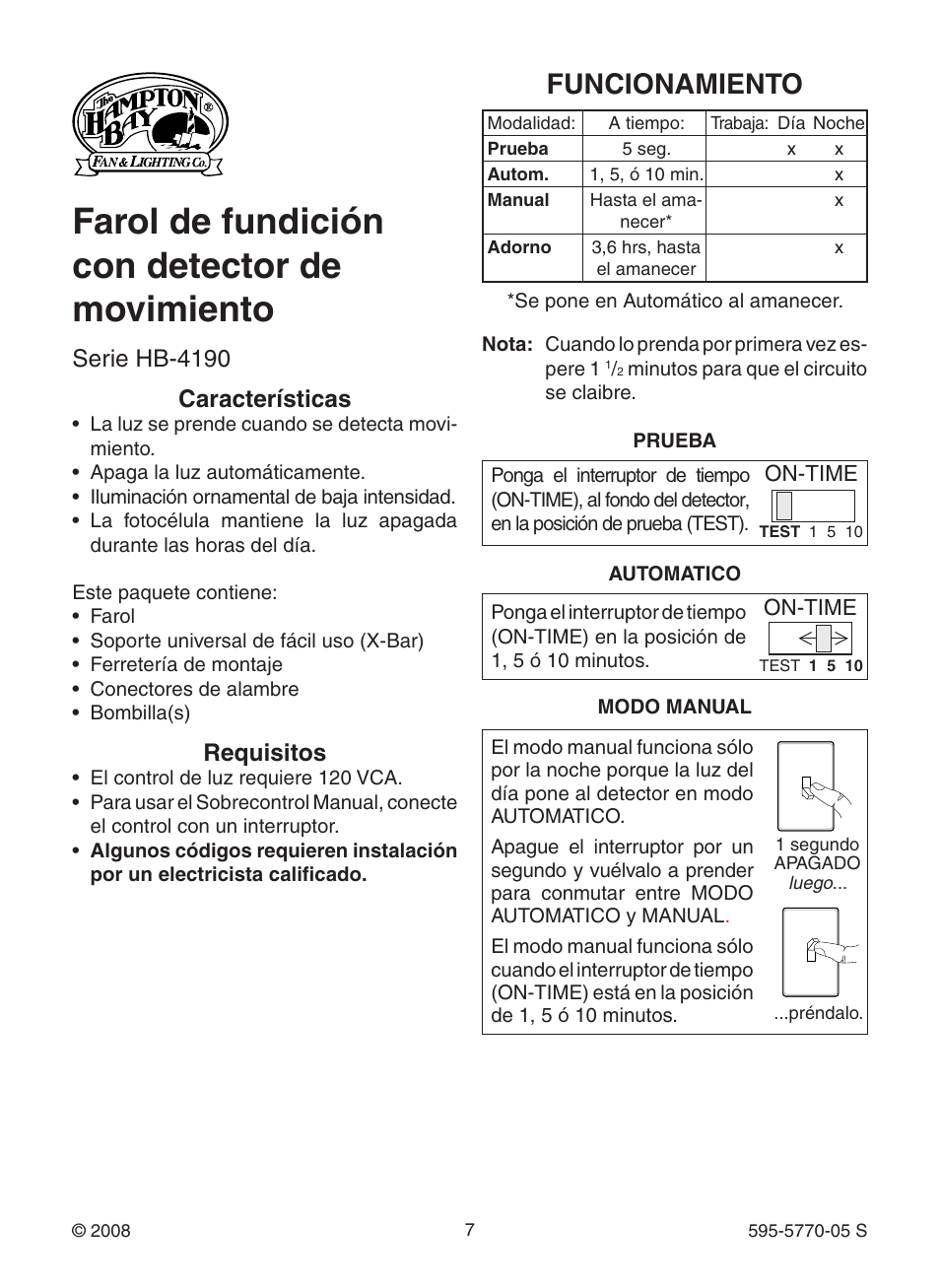 Farol de fundición con detector de movimiento, Funcionamiento, Serie hb-4190 | Características, Requisitos | Heath Zenith Motion Sensing Diecast Lantern HB-4190 Series User Manual | Page 7 / 20