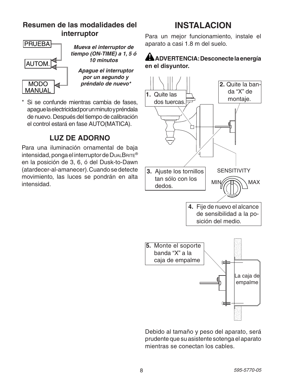 Instalacion, Luz de adorno, Resumen de las modalidades del interruptor | Heath Zenith Motion Sensing Diecast Lantern HB-4190 Series User Manual | Page 8 / 20