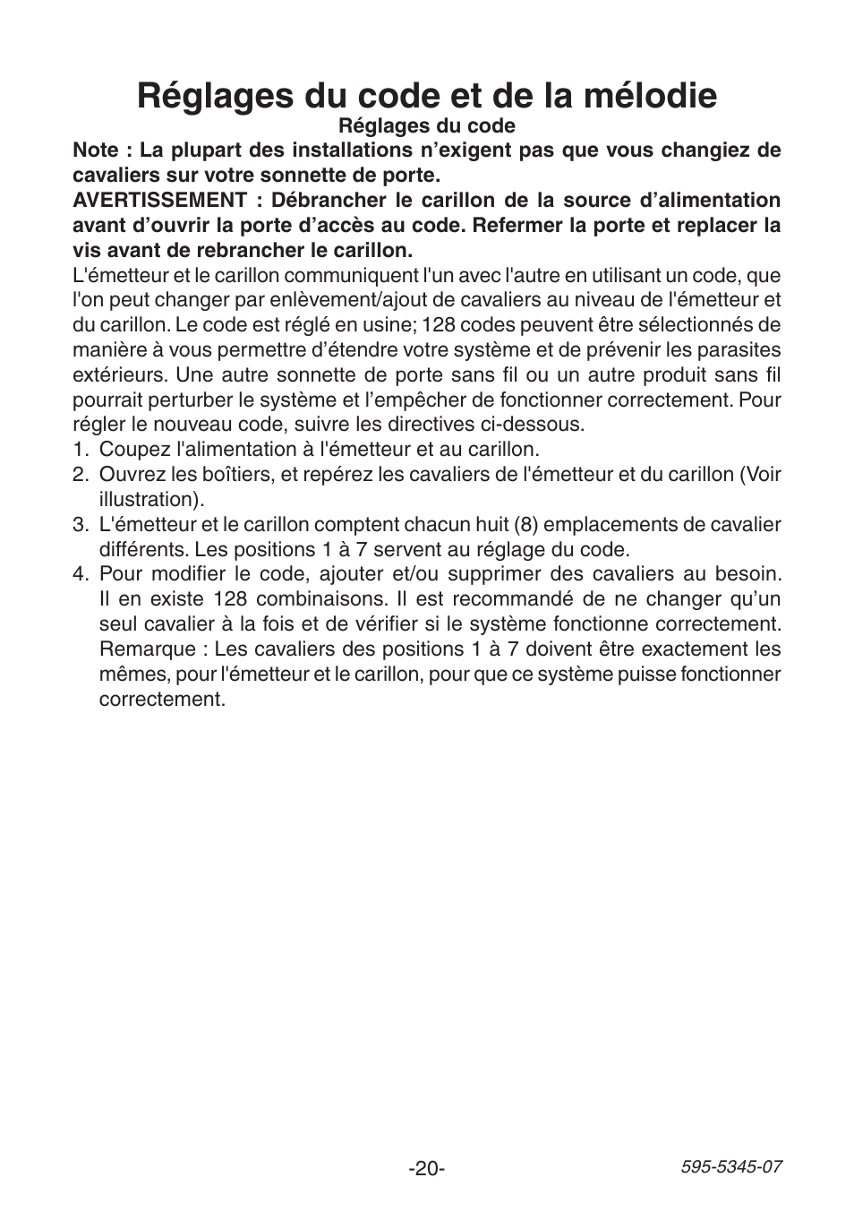 Réglages du code et de la mélodie | Heath Zenith Chime Extender SL-6157 User Manual | Page 20 / 24
