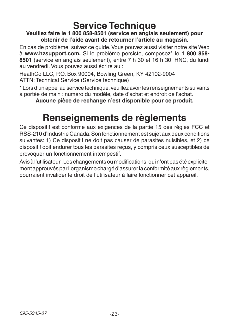 Service technique, Renseignements de règlements | Heath Zenith Chime Extender SL-6157 User Manual | Page 23 / 24