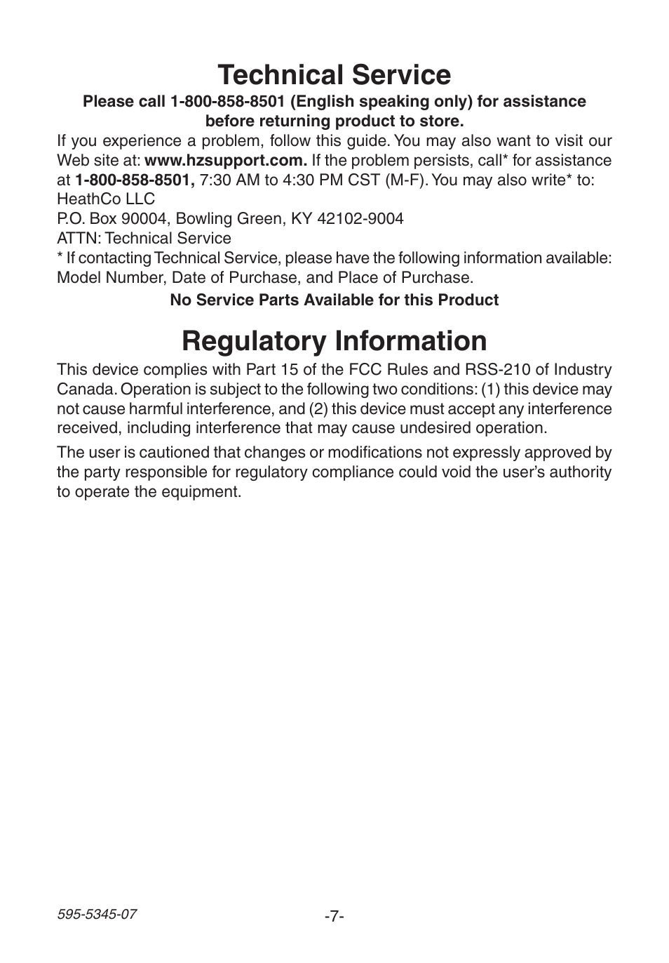 Regulatory information, Technical service | Heath Zenith Chime Extender SL-6157 User Manual | Page 7 / 24