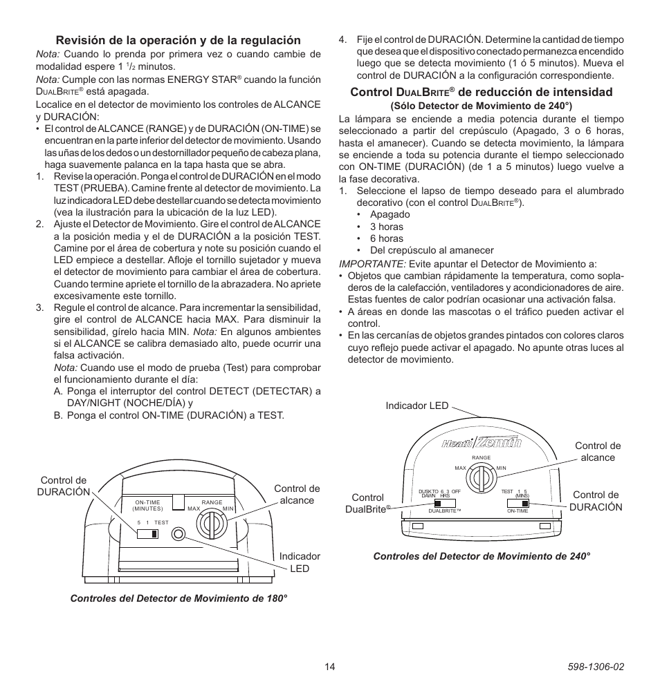 Revisión de la operación y de la regulación, Control d, De reducción de intensidad | Heath Zenith Lighting Controls 598-1306-02 User Manual | Page 14 / 32