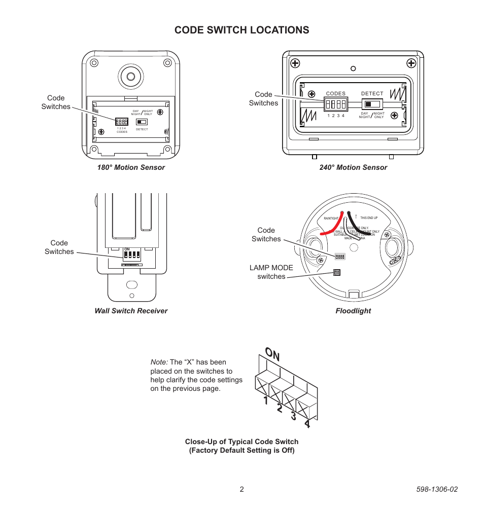 On 1 2 3 4, Code switch locations | Heath Zenith Lighting Controls 598-1306-02 User Manual | Page 2 / 32