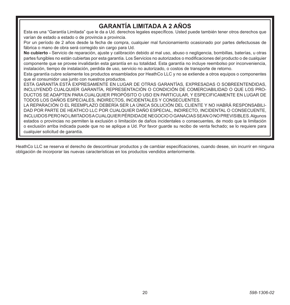 Garantía limitada a 2 años | Heath Zenith Lighting Controls 598-1306-02 User Manual | Page 20 / 32