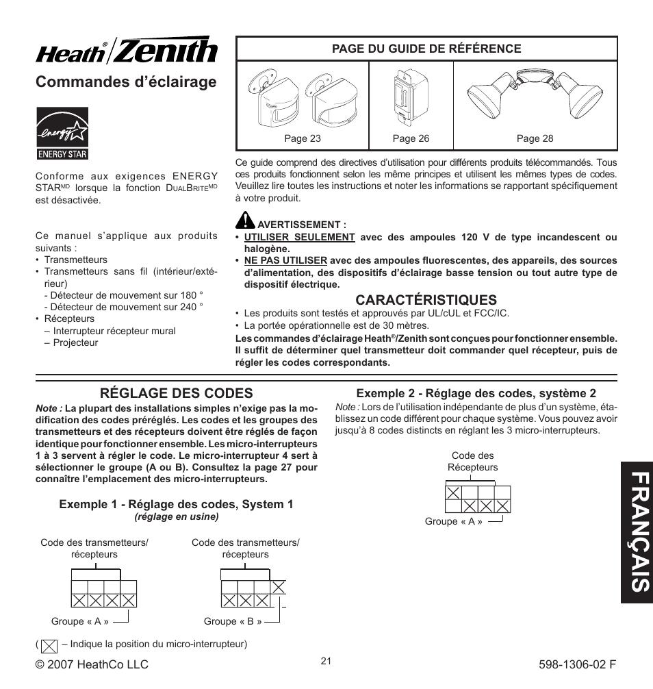 Fra n ça is, Commandes d’éclairage, Réglage des codes | Caractéristiques | Heath Zenith Lighting Controls 598-1306-02 User Manual | Page 21 / 32