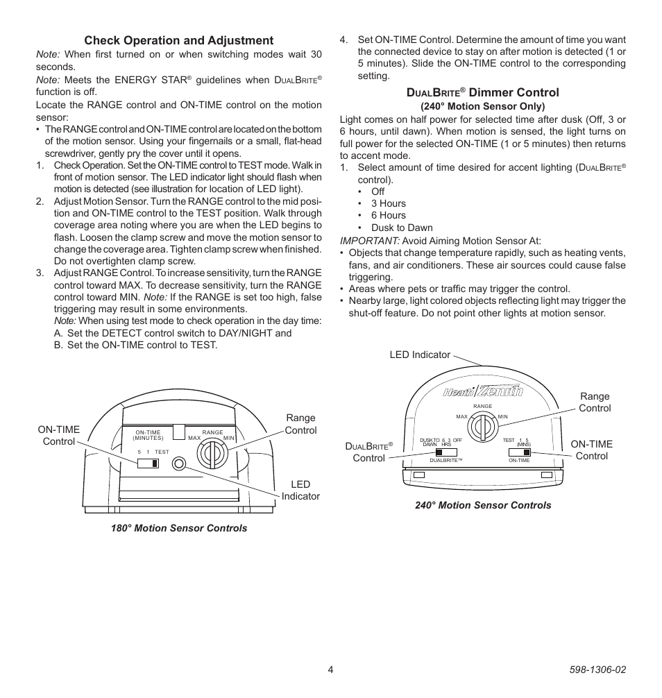 Check operation and adjustment, Dimmer control | Heath Zenith Lighting Controls 598-1306-02 User Manual | Page 4 / 32