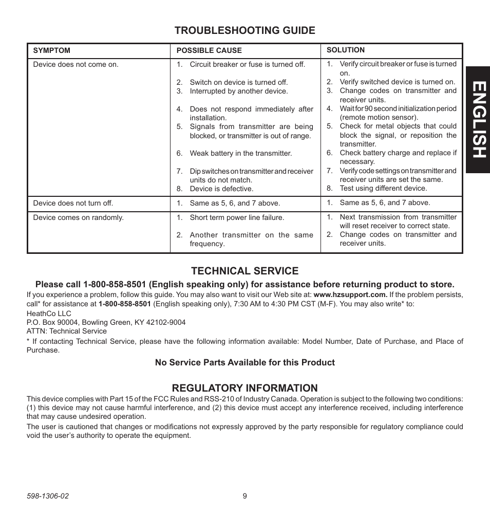 English, Troubleshooting guide, Regulatory information | Technical service | Heath Zenith Lighting Controls 598-1306-02 User Manual | Page 9 / 32