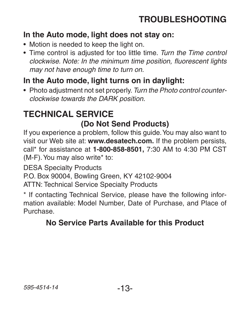 Troubleshooting technical service | Heath Zenith Motion Sensing 3-Way Wall Switch SL-6107 User Manual | Page 13 / 32