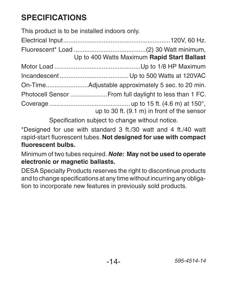 Specifications | Heath Zenith Motion Sensing 3-Way Wall Switch SL-6107 User Manual | Page 14 / 32