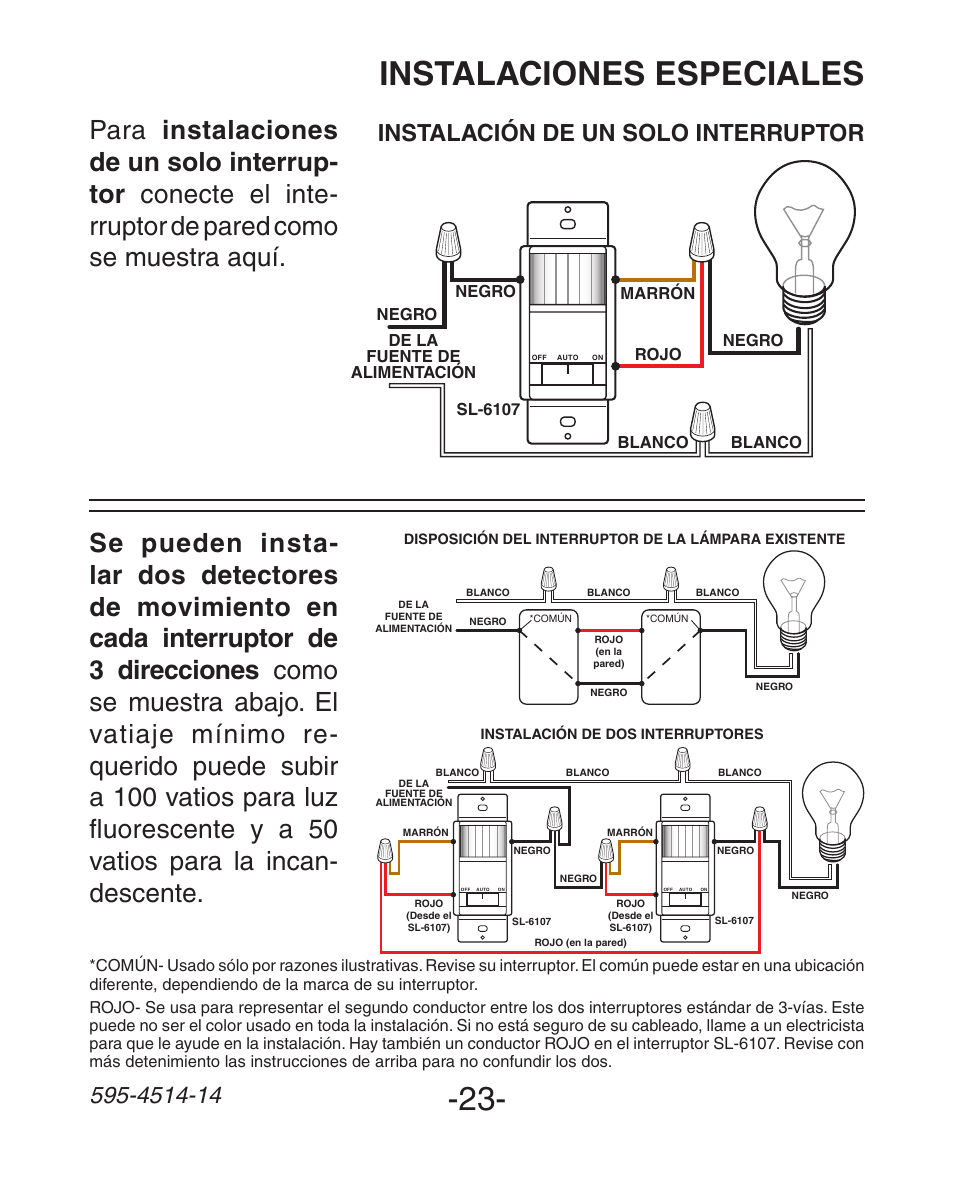 Instalaciones especiales, Instalación de un solo interruptor | Heath Zenith Motion Sensing 3-Way Wall Switch SL-6107 User Manual | Page 23 / 32