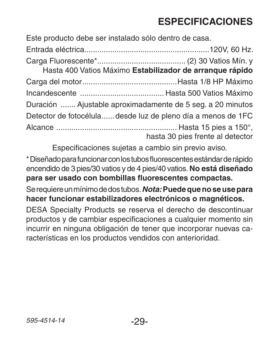Especificaciones | Heath Zenith Motion Sensing 3-Way Wall Switch SL-6107 User Manual | Page 29 / 32