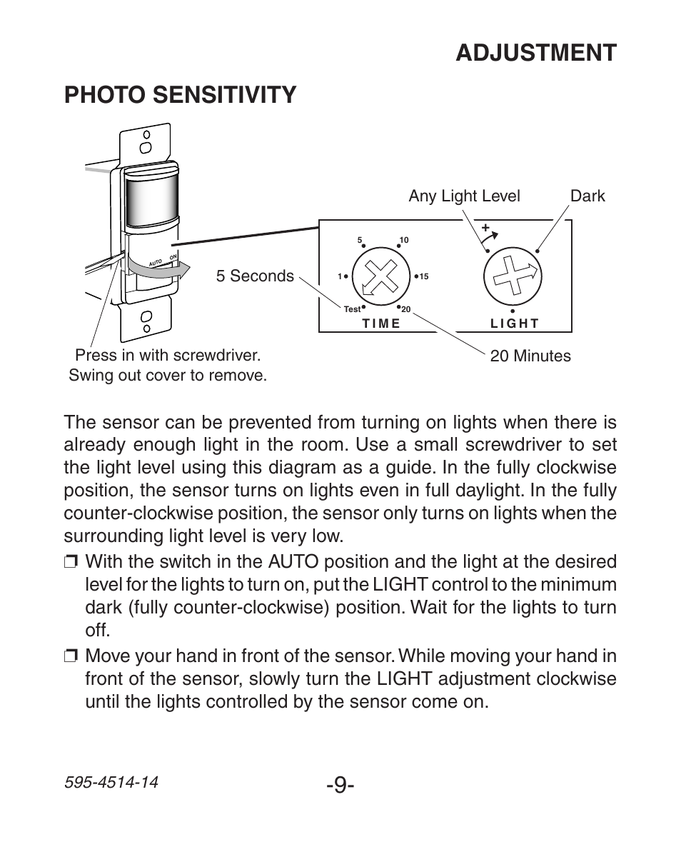 Adjustment, Photo sensitivity | Heath Zenith Motion Sensing 3-Way Wall Switch SL-6107 User Manual | Page 9 / 32