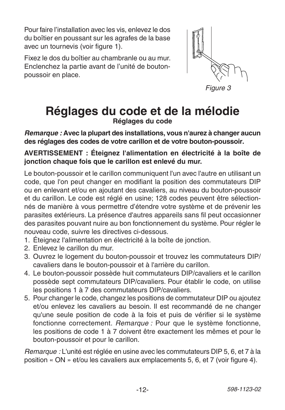 Réglages du code et de la mélodie | Heath Zenith Wireless Mechanical Chime User Manual | Page 12 / 16