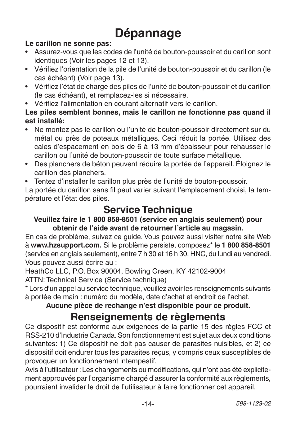 Dépannage, Service technique, Renseignements de règlements | Heath Zenith Wireless Mechanical Chime User Manual | Page 14 / 16