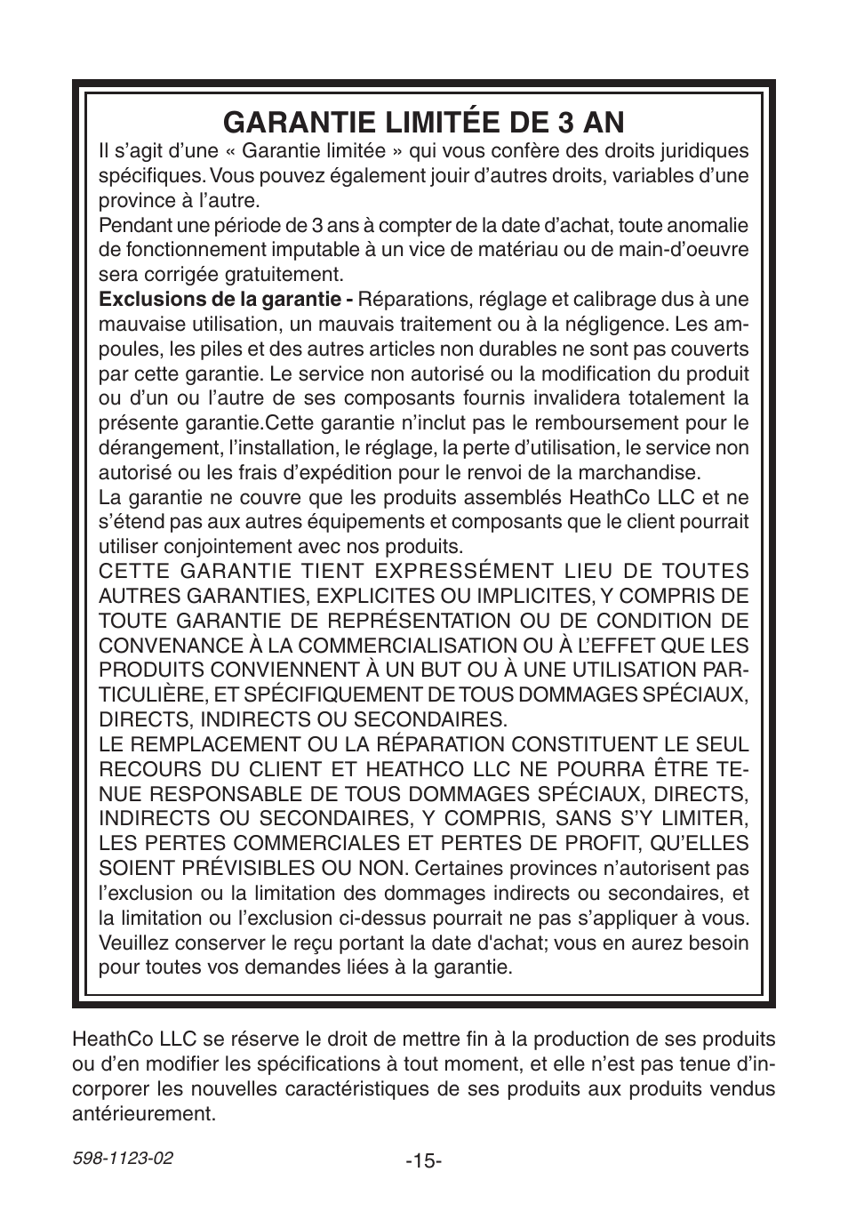 Garantie limitée de 3 an | Heath Zenith Wireless Mechanical Chime User Manual | Page 15 / 16