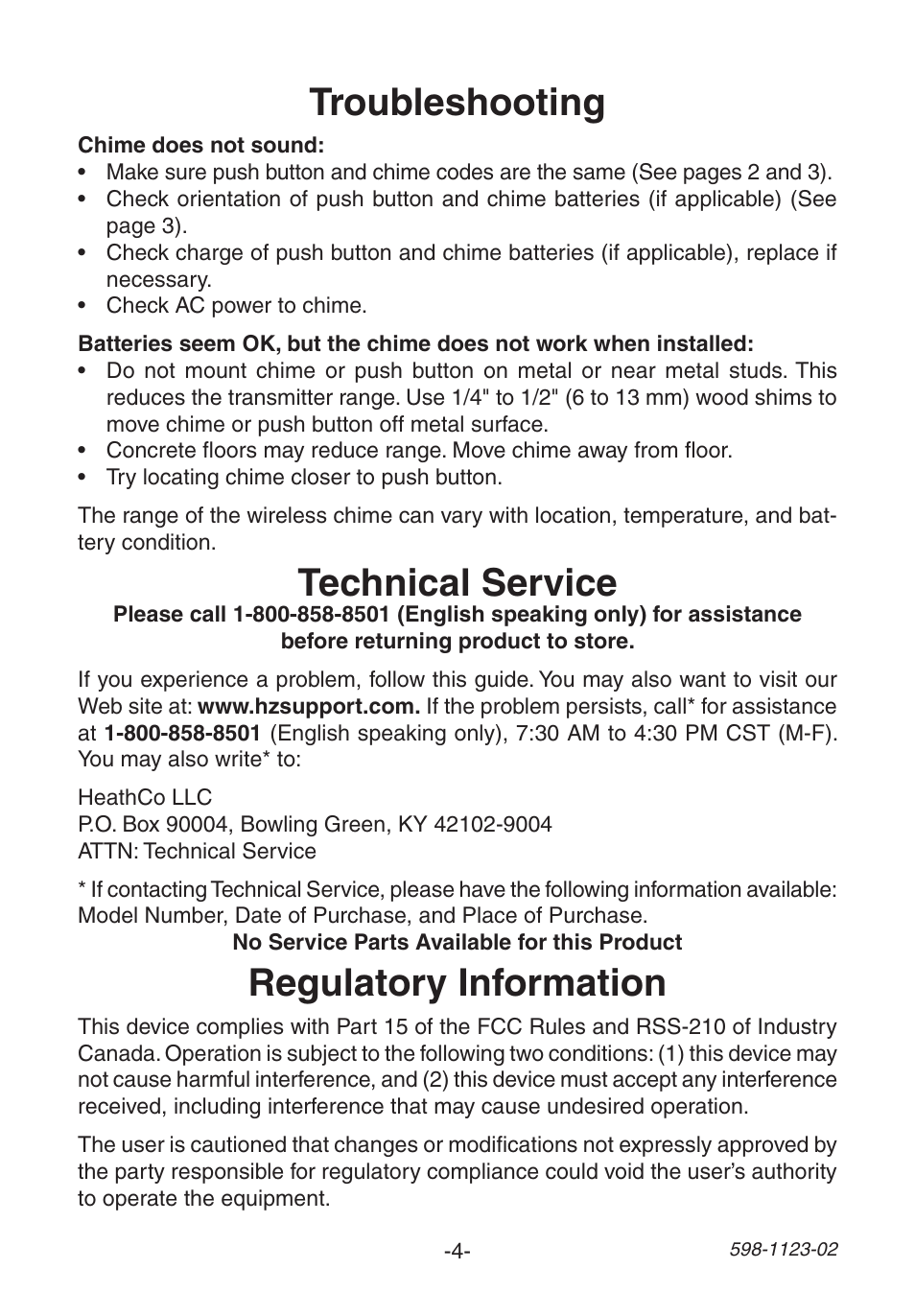 Troubleshooting, Technical service, Regulatory information | Heath Zenith Wireless Mechanical Chime User Manual | Page 4 / 16