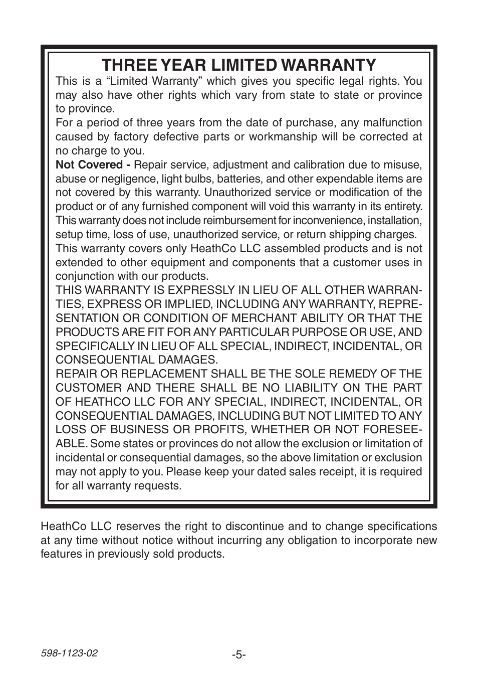 Three year limited warranty | Heath Zenith Wireless Mechanical Chime User Manual | Page 5 / 16