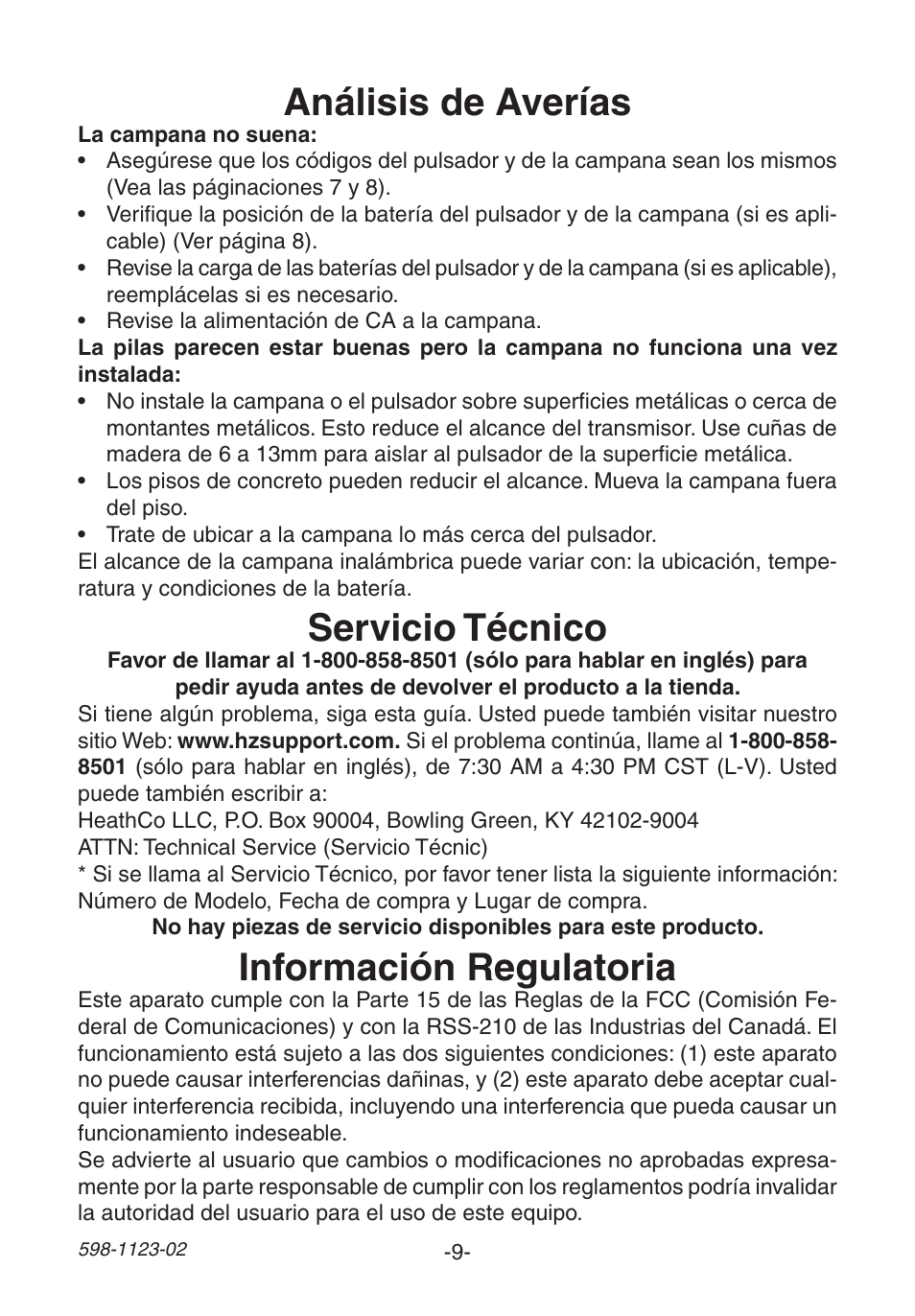 Análisis de averías, Servicio técnico, Información regulatoria | Heath Zenith Wireless Mechanical Chime User Manual | Page 9 / 16