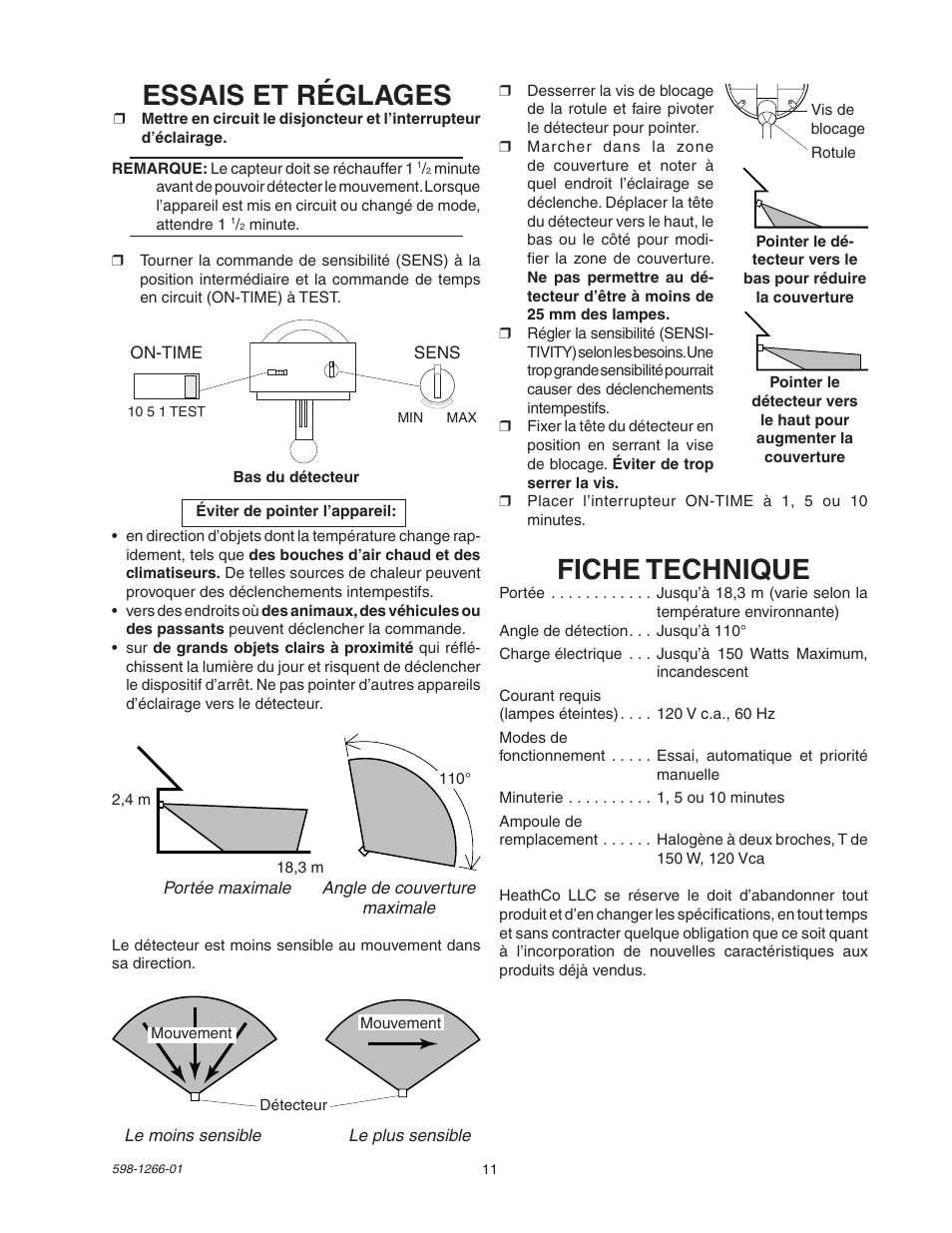 Fiche technique, Essais et réglages | Heath Zenith SL-5511 User Manual | Page 11 / 12